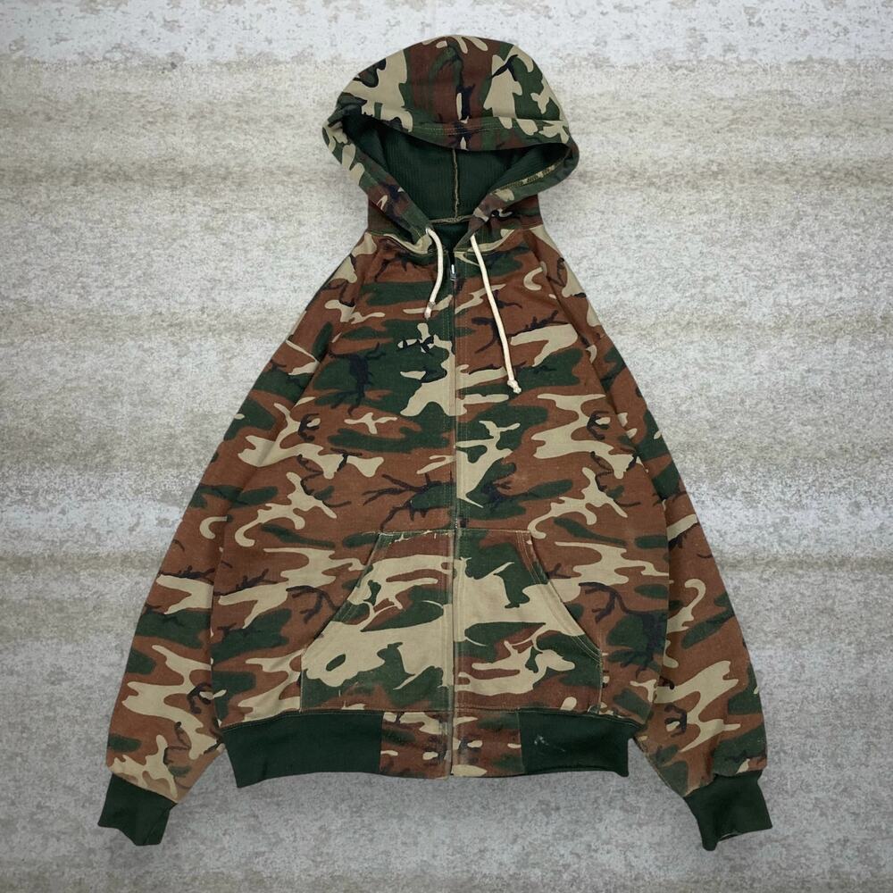 Vintage 90s Hunting Camo Hoodie Mens M Woodland Cotton Full Zip Waffle Lined